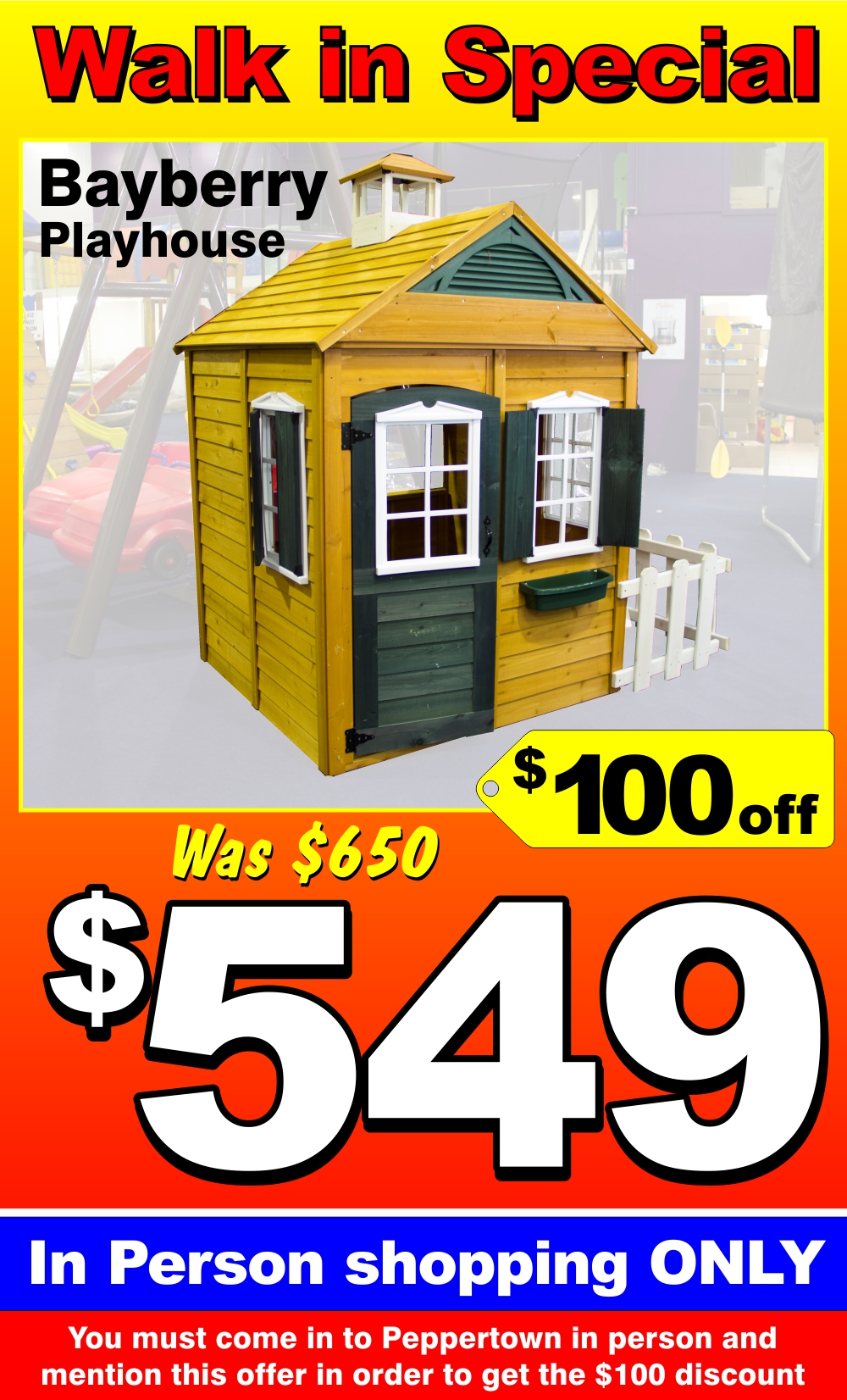 peppertown specials Bayberry Playhouse $100 off